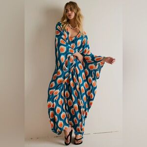 NWT Free People Groovy Baby Peacock Maxi Kaftan Dress Women’s One Size
